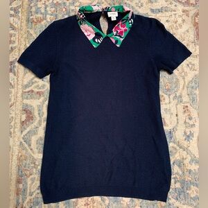 J. Crew - Women’s Navy Sweater Top with Pink and Green Floral Collar